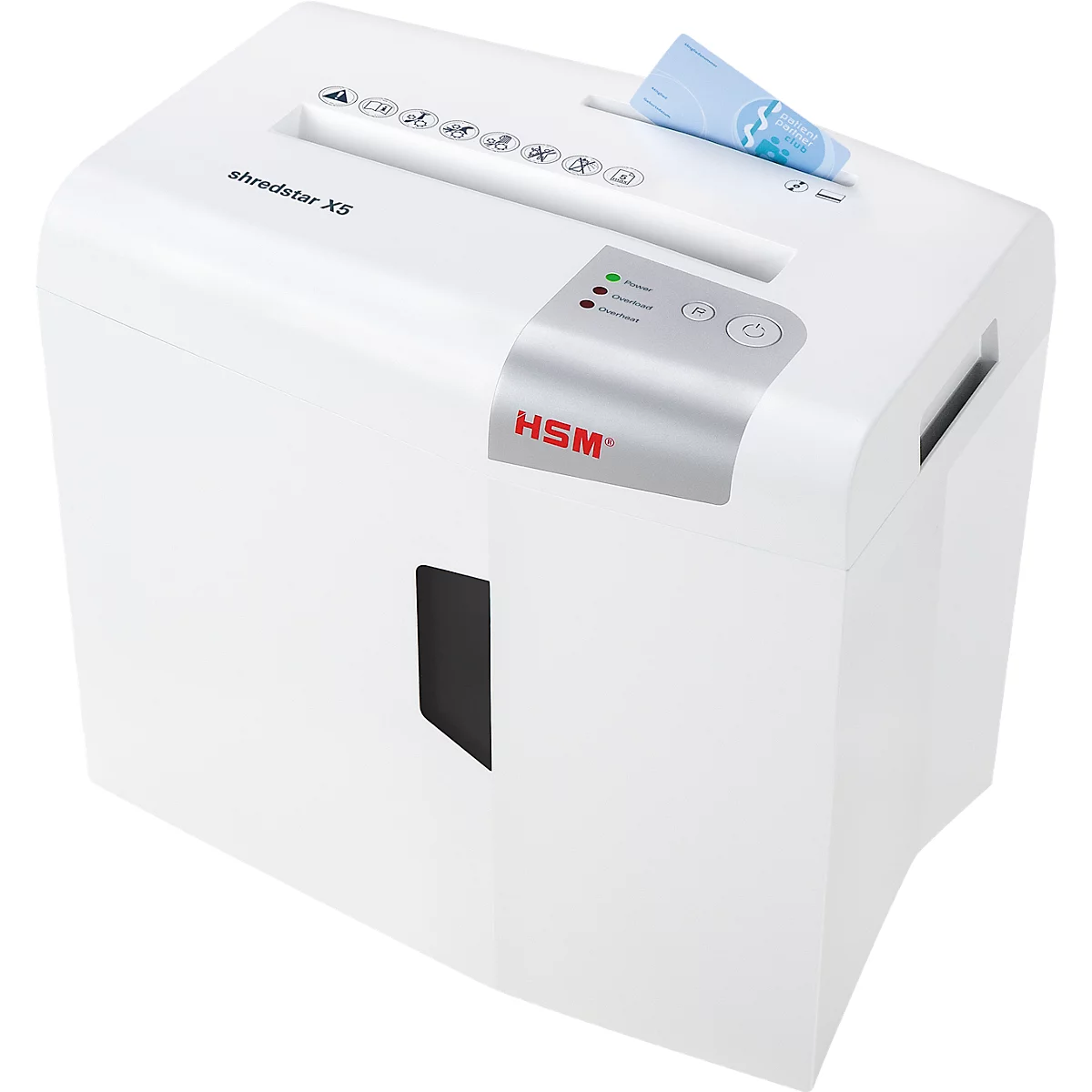 Aktenvernichter HSM shredstar X5, Sicherheitsstufe 4, Partikelschnitt 4,5 x 30 mm, 5 Blatt, weiß-silber