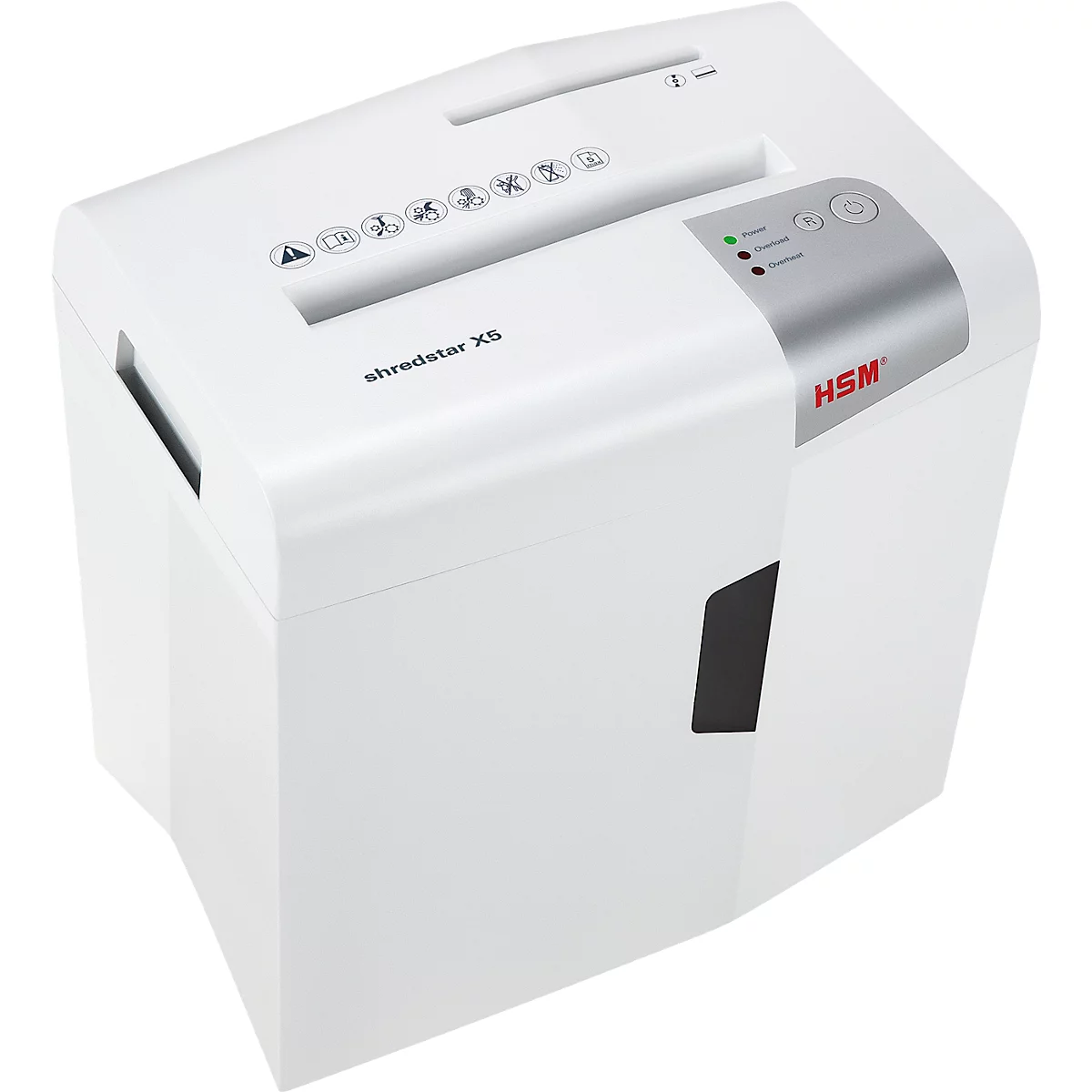 Aktenvernichter HSM shredstar X5, Sicherheitsstufe 4, Partikelschnitt 4,5 x 30 mm, 5 Blatt, weiß-silber