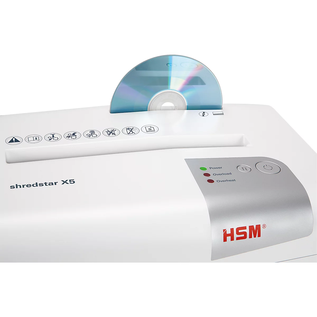 Aktenvernichter HSM shredstar X5, Sicherheitsstufe 4, Partikelschnitt 4,5 x 30 mm, 5 Blatt, weiß-silber