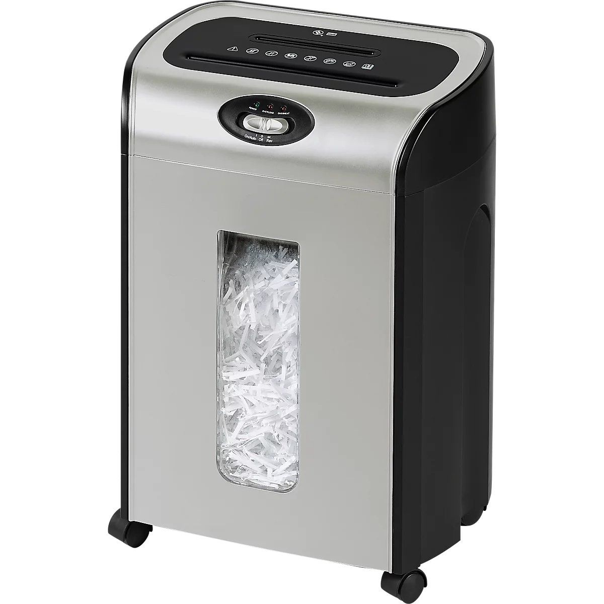 Aktenvernichter aus Metall mit schwarzem Kunststoff. Papierfetzen im Sichtfenster. Auf Rollen.