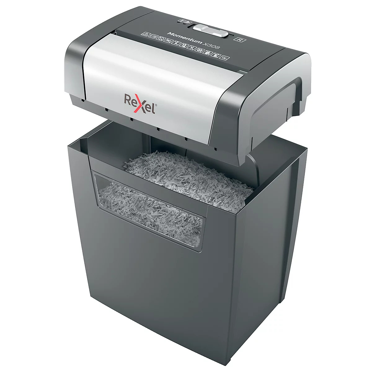 Aktenvernichter Rexel Momentum X308, Partikelschnitt 5 x 42 mm, P-3, 15 l, 8 Blatt Schnittleistung