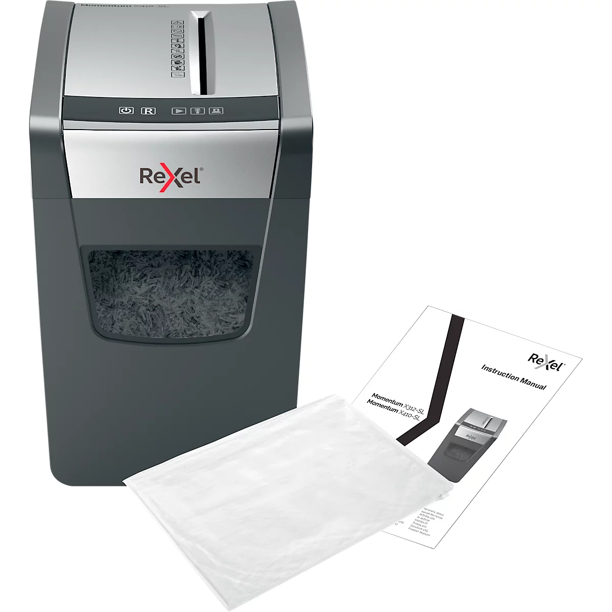 Aktenvernichter Rexel Momentum X312-SL, Sicherheitsstufe P3, Partikelschnitt 5 x 42 mm, bis 23 l, Kunststoff & Metall, schwarz