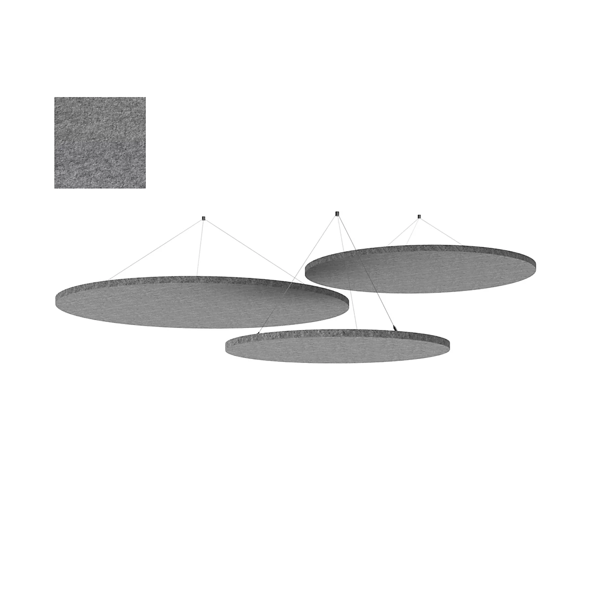 Drei graue, runde Akustikpaneele hängen an dünnen Seilen vor weißem Hintergrund. Oben links ein Ausschnitt des Materials.
