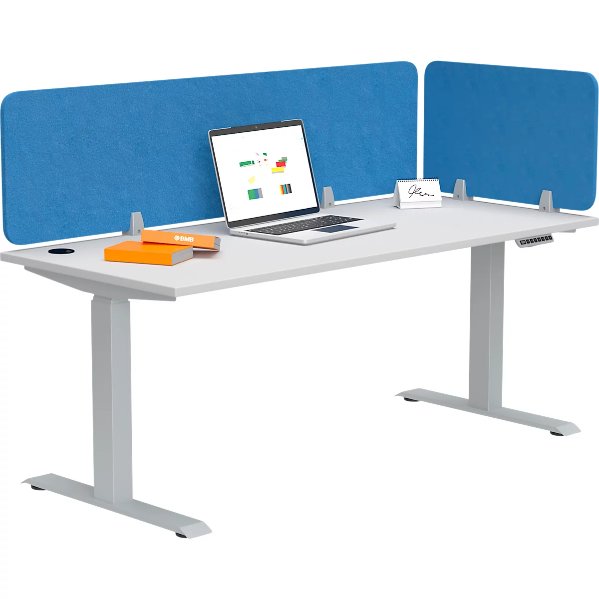 Akustik Tischtrennwand AKUSTIX Vario, Schallabsorptionsklasse B, Stärke 18 mm, ohne Klemmen, PET-Filz, B 1600 oder 1800 mm, blau oder grau