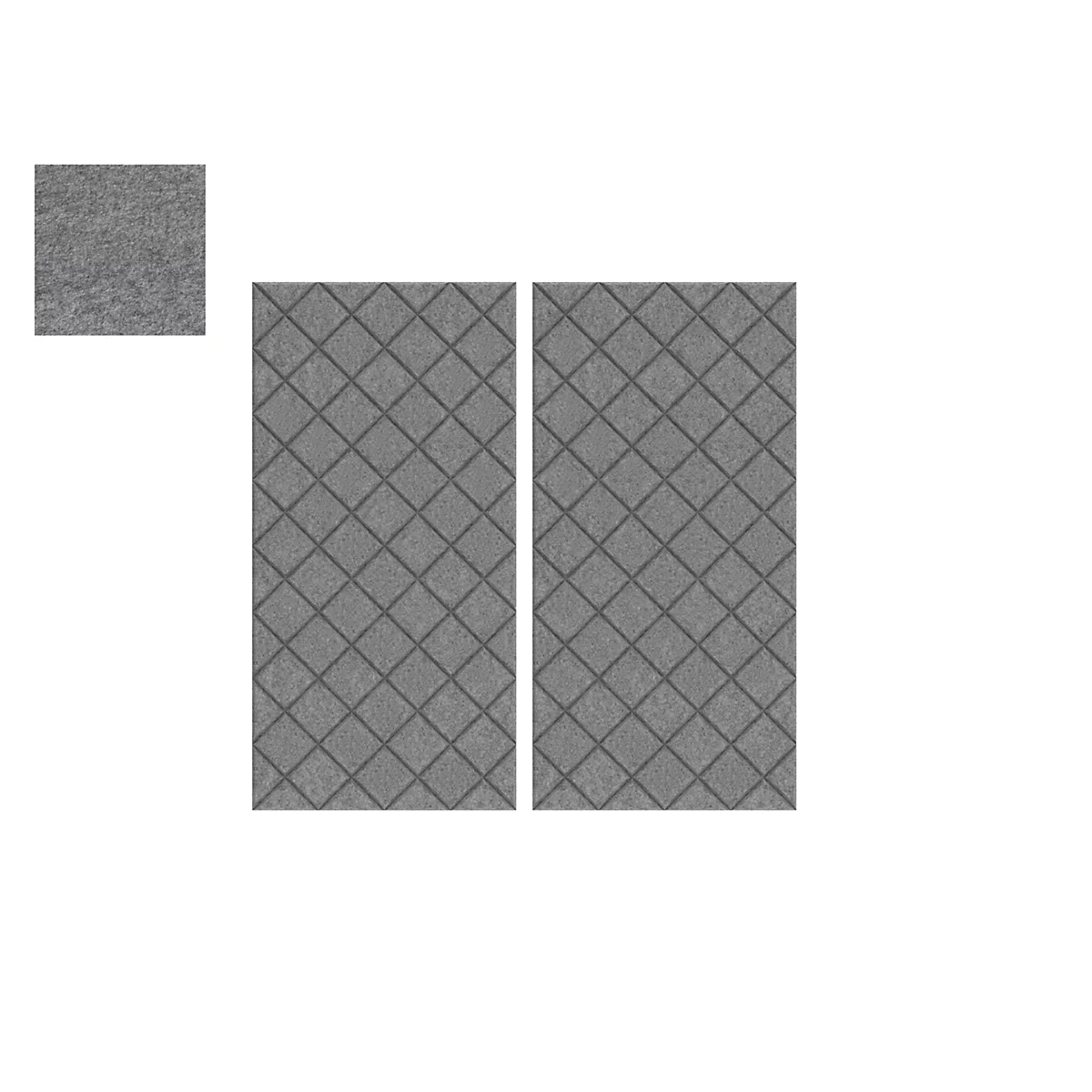 Graue, quadratische Fliesen mit diagonalem Rautenmuster.