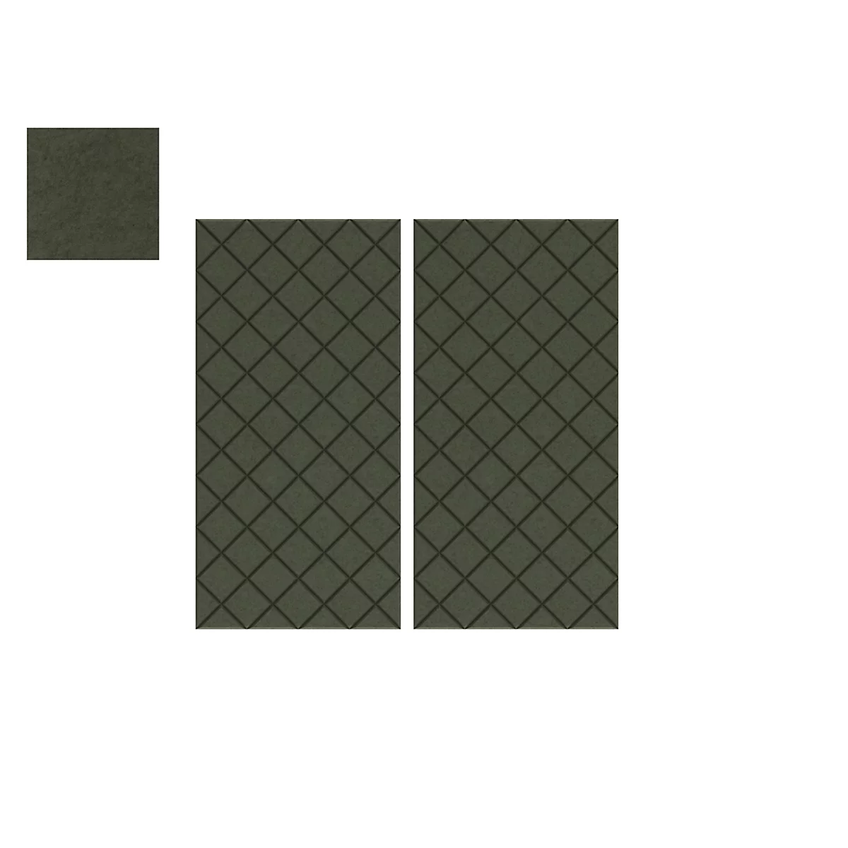 Dunkelgrüne, gepolsterte Stoffstücke mit rautenförmigem Muster, in verschiedenen Größen. Der Hintergrund ist weiß.
