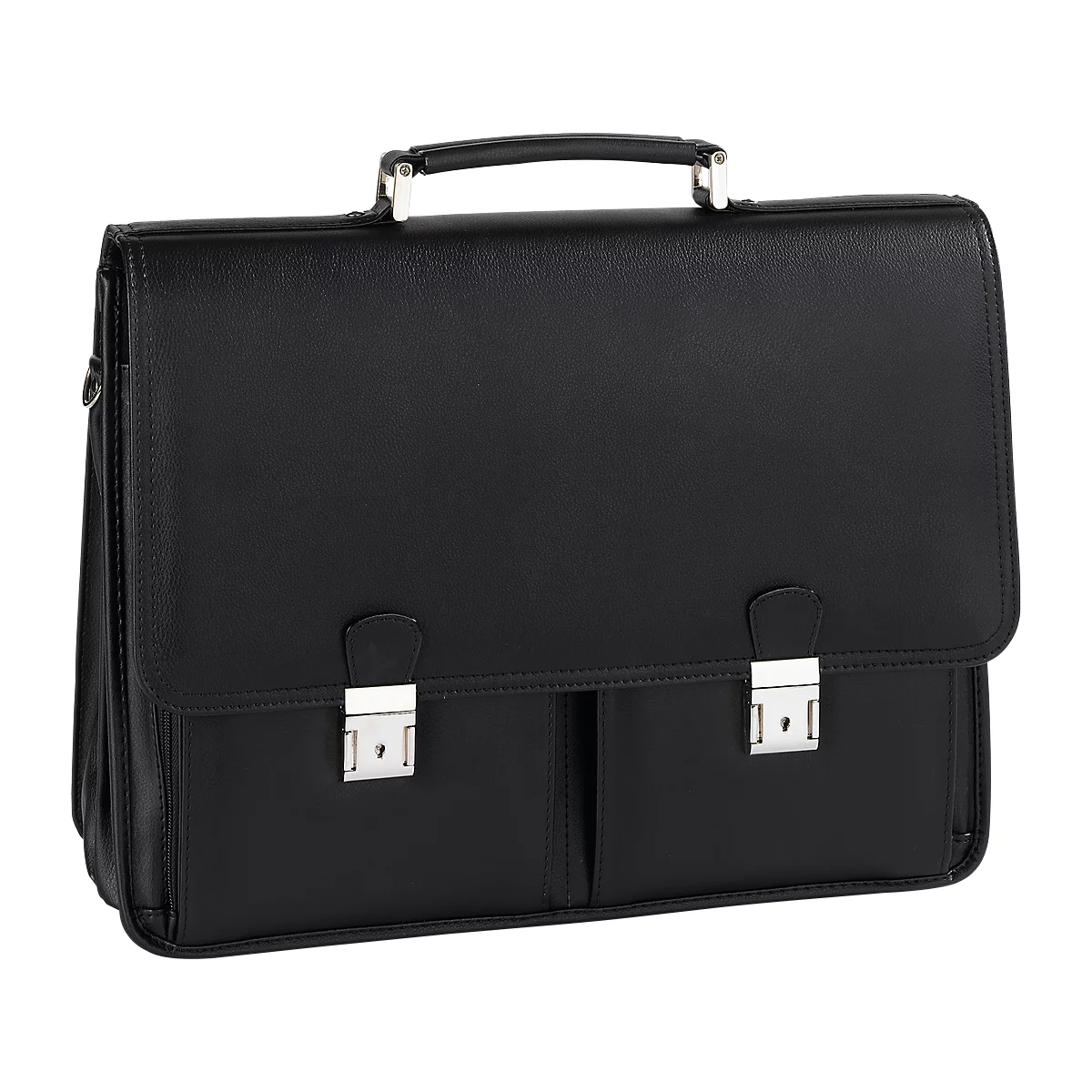 Black briefcase, silver clasps, carrying handle.