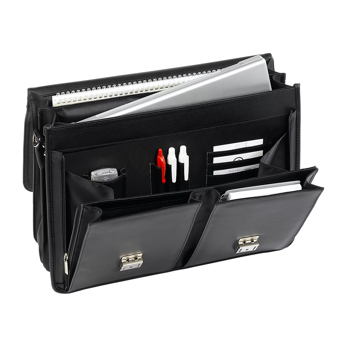 Black briefcase, open with laptop, notepad, pens and business cards.