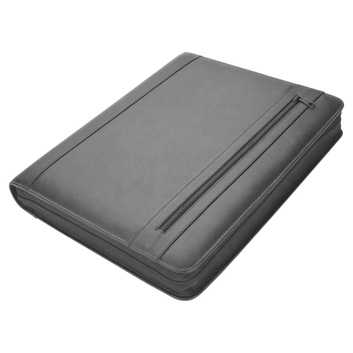 Dark gray leather portfolio with closed zipper. The product is pictured in detail.