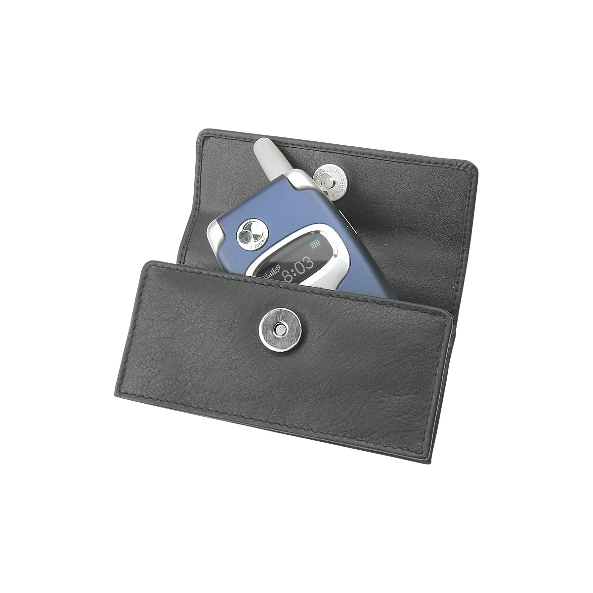 Black leather case with blue cell phone; time 8:03. Clamshell design, silver magnetic closure.