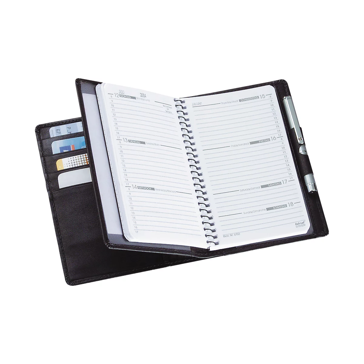 Opened black agenda with lined pages and pen holder. Card slots on the left.