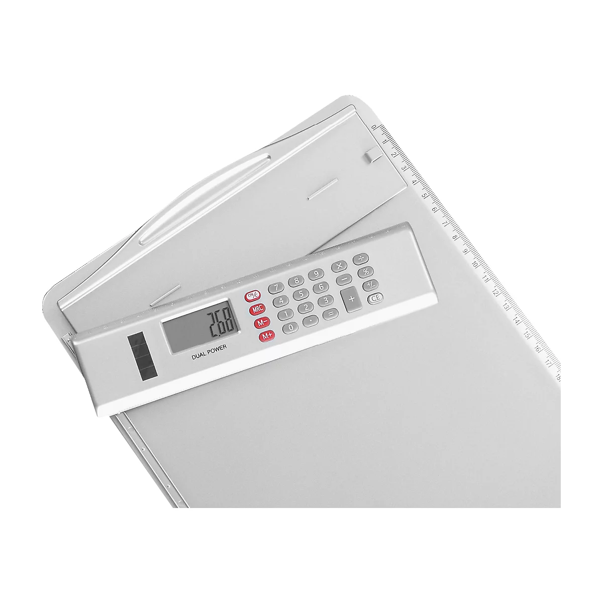 Gray writing pad with an integrated calculator. The display shows 268. The product is photographed at a slight angle.