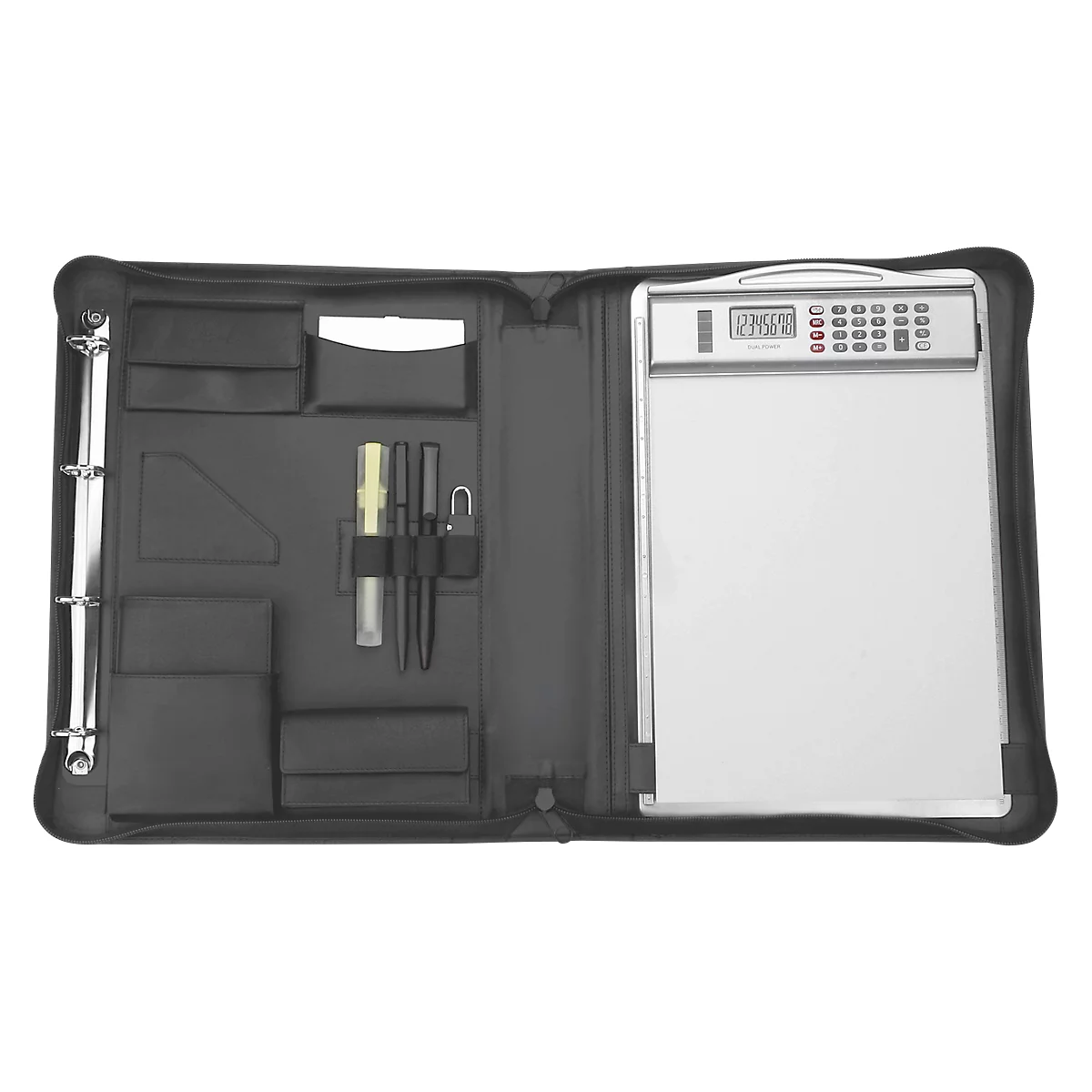 Opened black briefcase with accessories, including a calculator, pens, and a notepad.