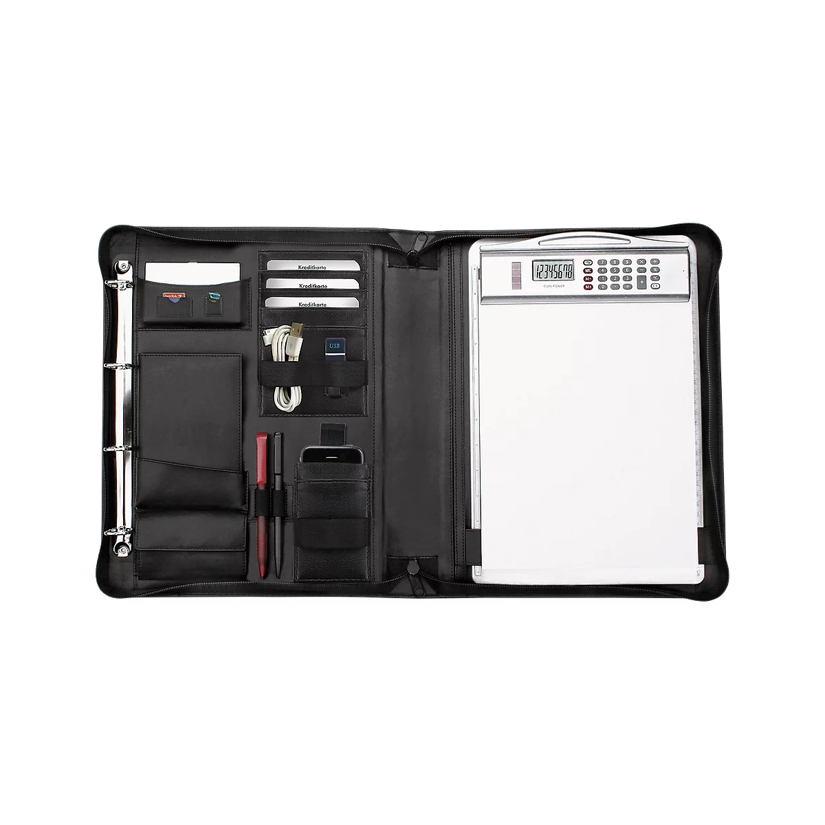 Black document folder with compartments for pens, cards, tablet, and notepad with integrated calculator.
