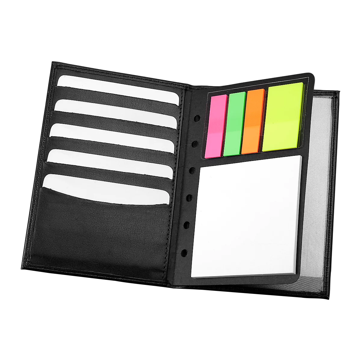 Open black notebook, card slots on the left, neon sticky notes on the right, white note field, transparent cover.