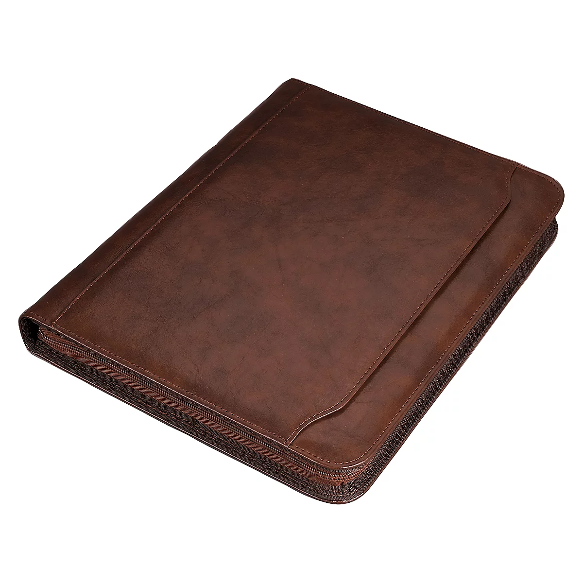 Brown leather folder with zipper; shows surface details and an inner flap.