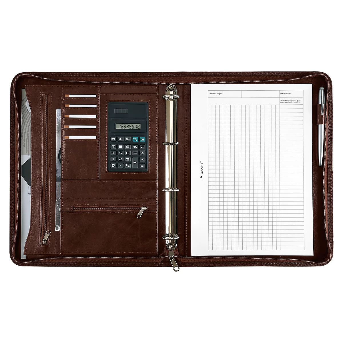 Opened brown leather portfolio with pen holder, notepad, calculator, and ring binder.