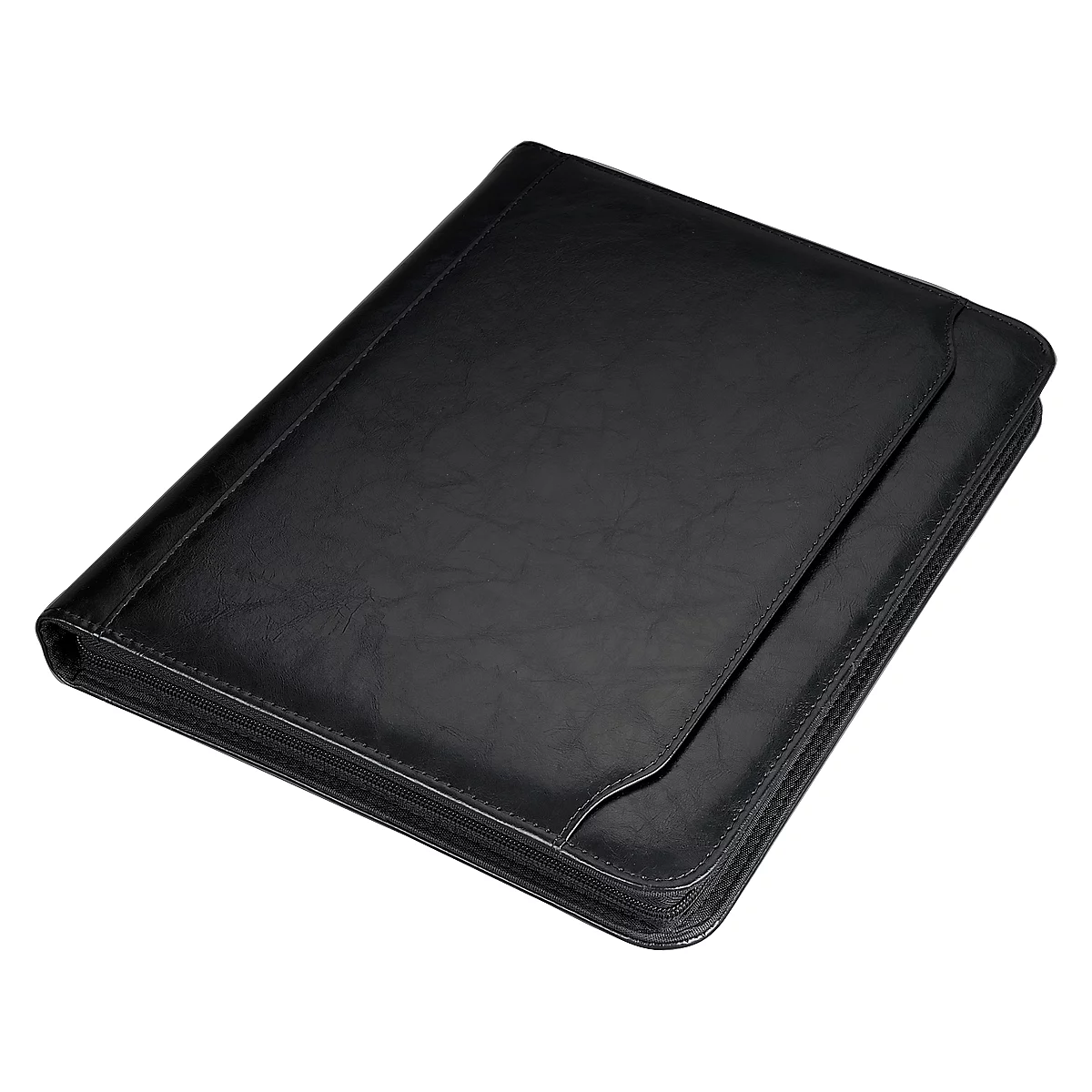 Black leather document case, photographed at a slight angle. A flap stands out subtly from the main part.