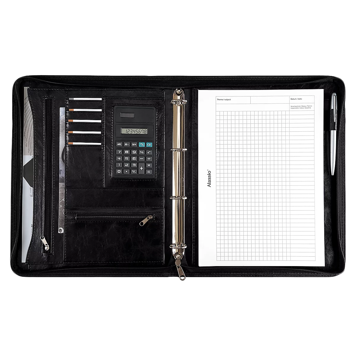 Open black leather binder with calculator, paper and pen.