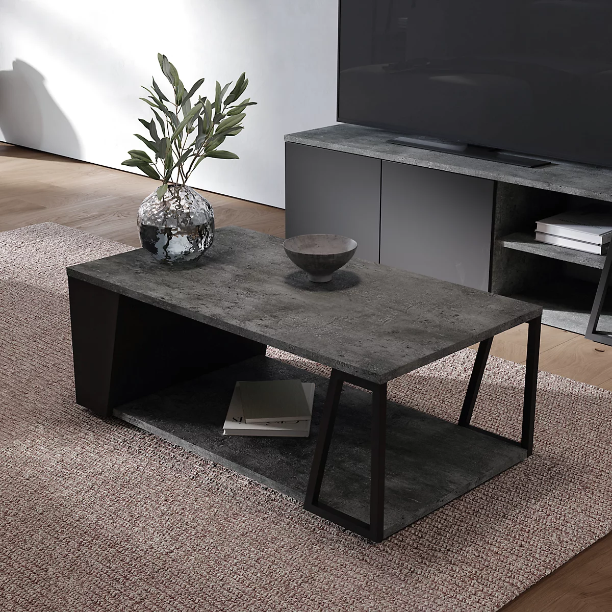 Albi salontafel, B 1000 x D 550 x H 360 mm, metalen frame/blad gemelamineerd, betonlook/zwart