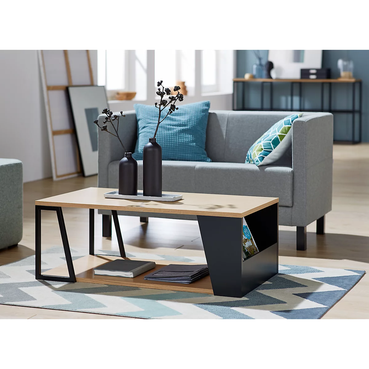 Albi salontafel, B 1000 x D 550 x H 360 mm, metalen frame/gestrekt blad met echt houtfineer, licht eiken/zwart gelakt