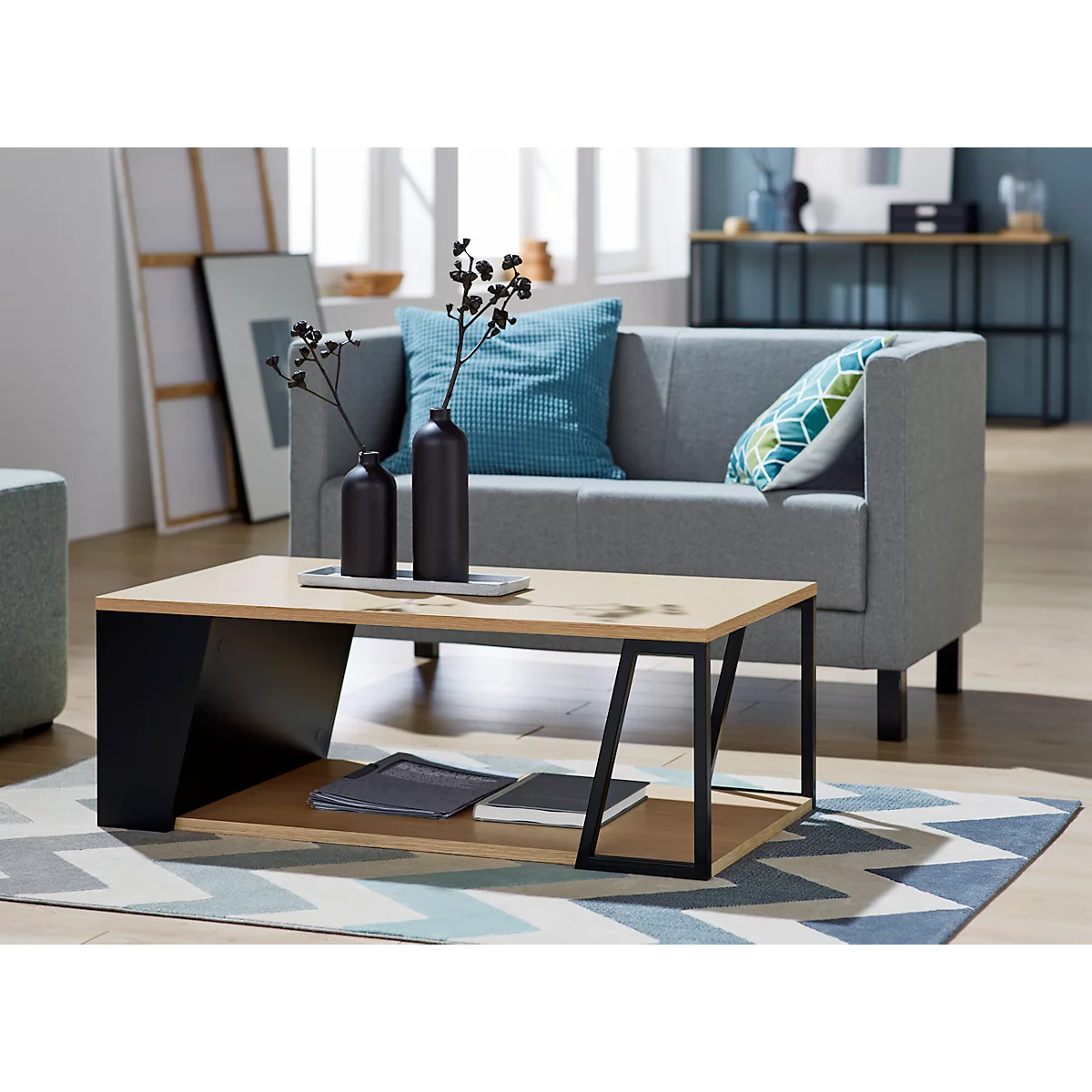 Albi salontafel, B 1000 x D 550 x H 360 mm, metalen frame/gestrekt blad met echt houtfineer, licht eiken/zwart gelakt