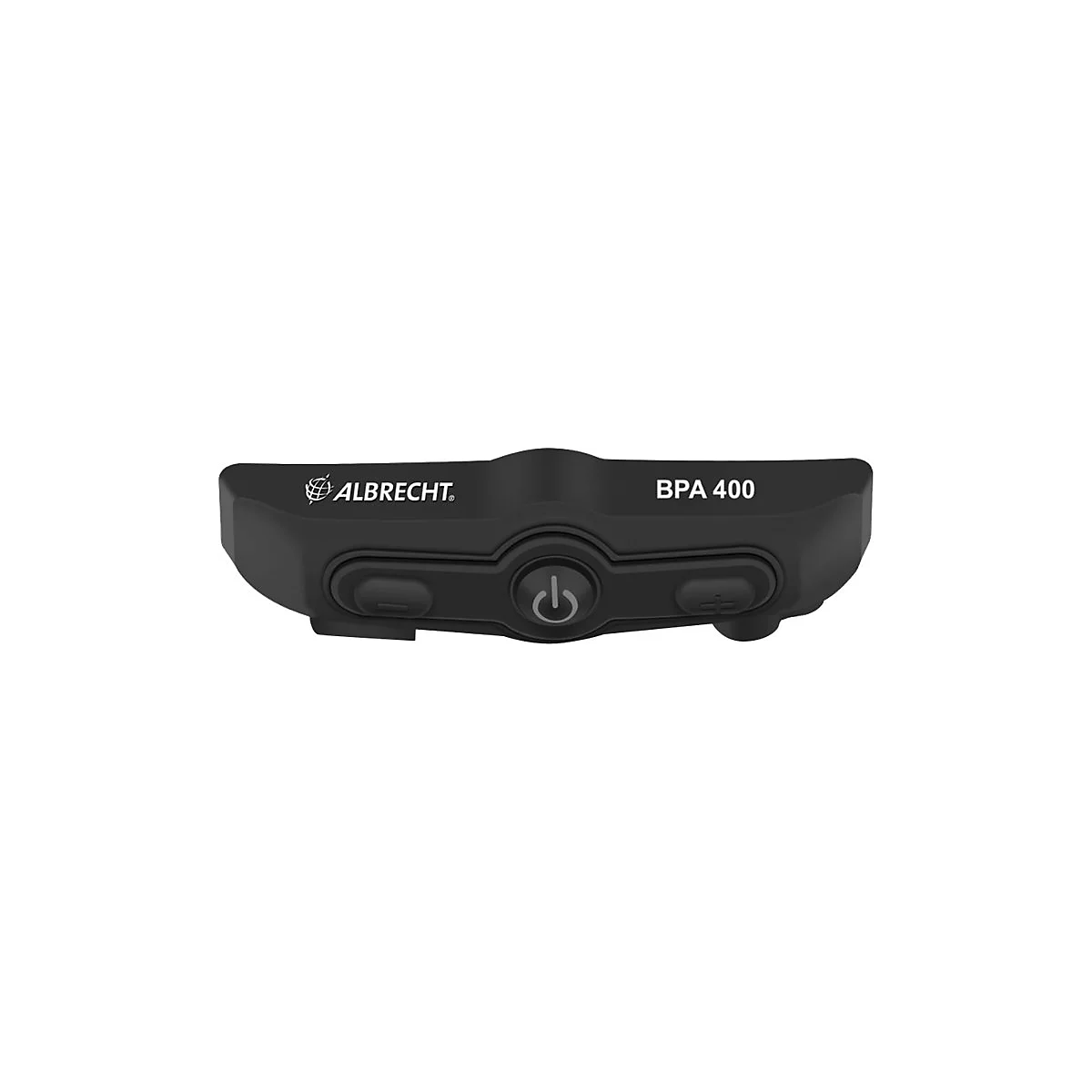 Schwarzes Bluetooth-Adapter-Gehäuse BPA 400 von Albrecht mit zentraler Ein-Aus-Taste und seitlichen Bedienelementen.