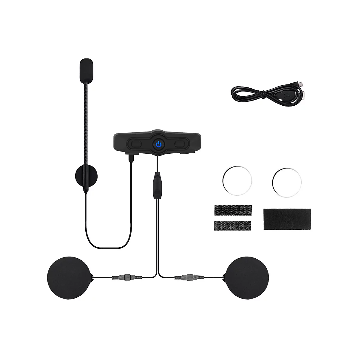 Motorrad-Helm-Kommunikationssystem mit Mikrofon, Kopfhörern, Ladekabel und Montagezubehör.