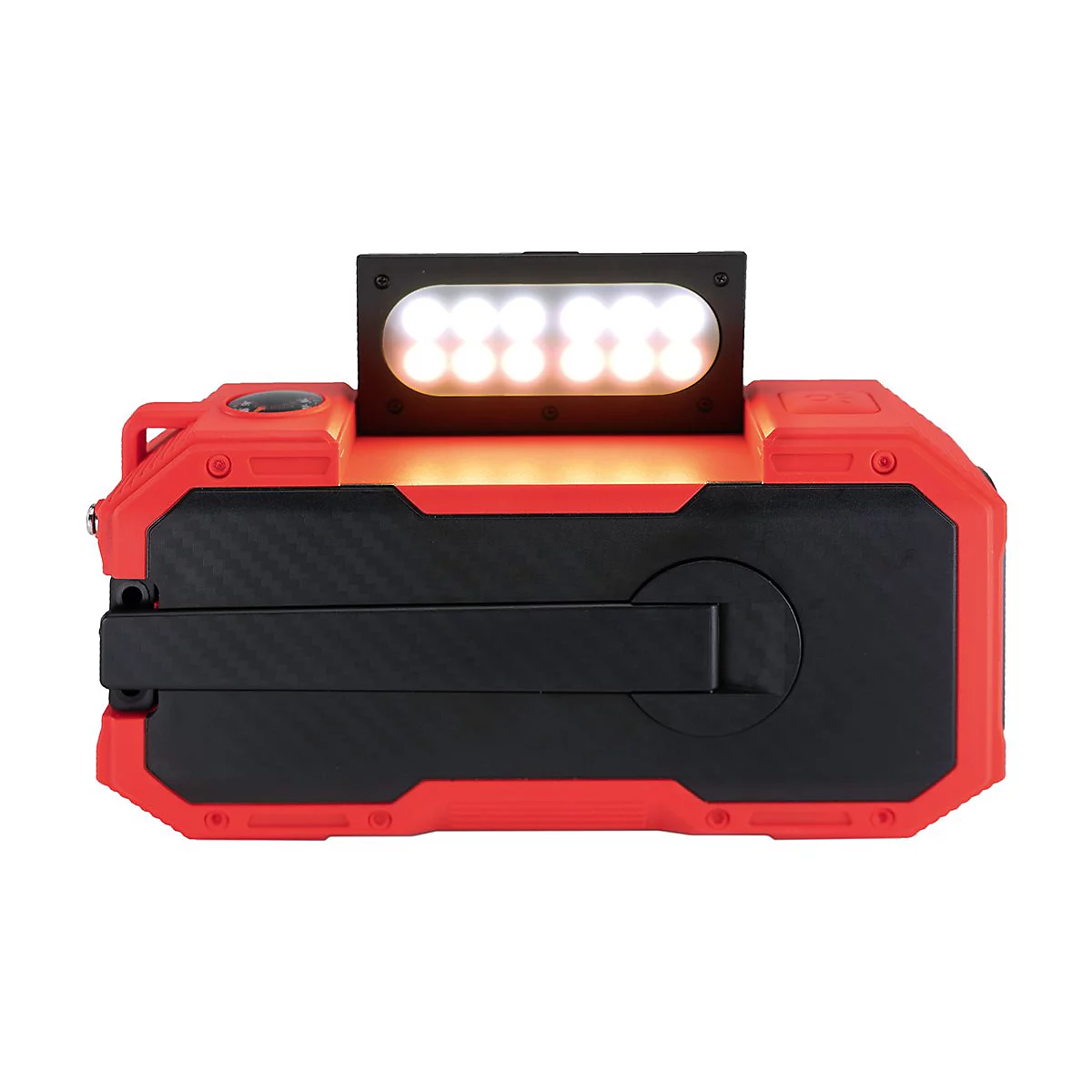Rote, robuste LED-Arbeitsleuchte mit schwarzem Klappgriff und leuchtendem Lichtpanel auf weißem Hintergrund.