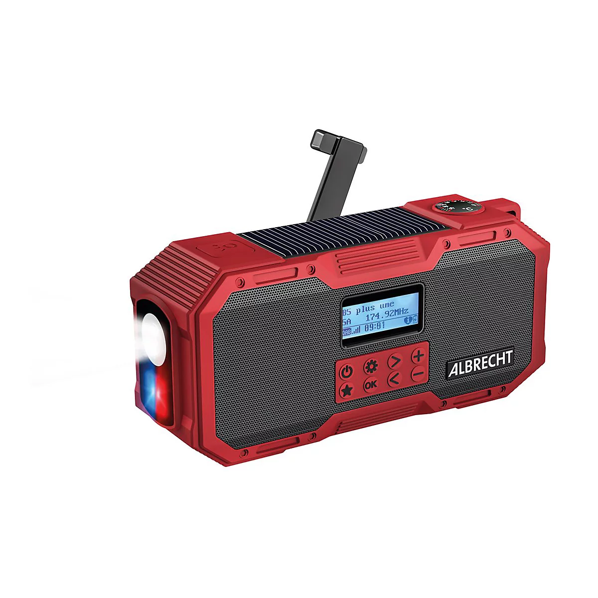 Rotes Outdoor-Notfallradio von Albrecht mit Solarpanel, Kurbel, Taschenlampe und Digitaldisplay.