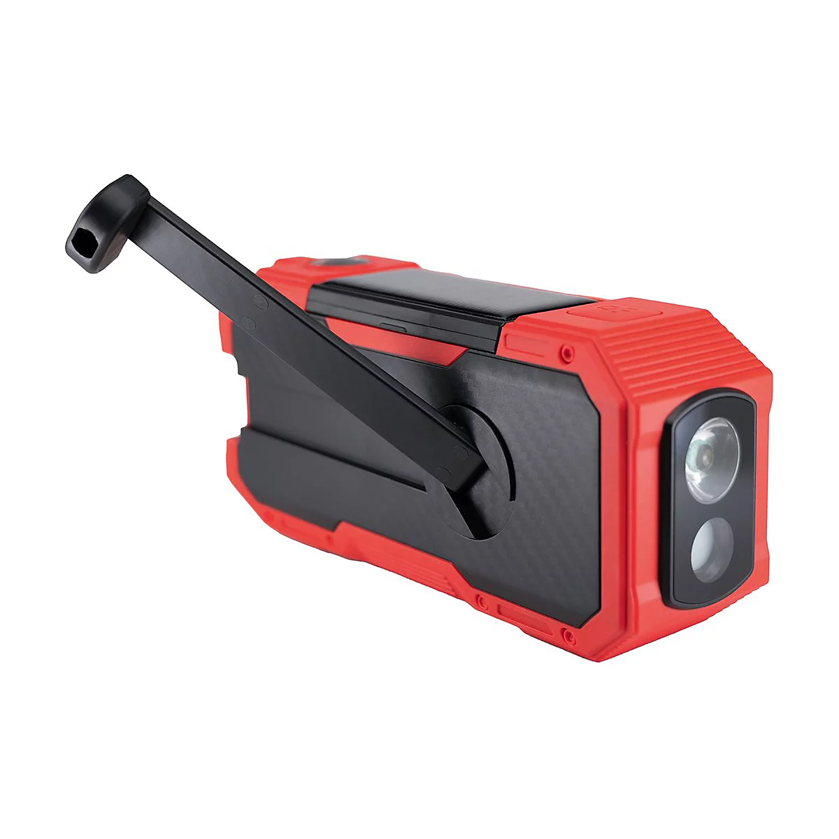 Kurbelradio in Rot und Schwarz mit ausklappbarer Kurbel und integriertem Solarpanel.