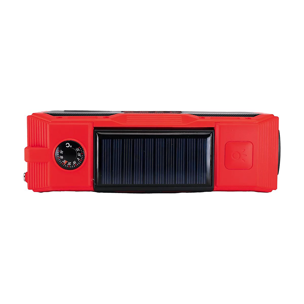 Rotes Outdoor-Gerät mit Solarpanel, integriertem Thermometer und Leuchten-Symbol vor weißem Hintergrund.