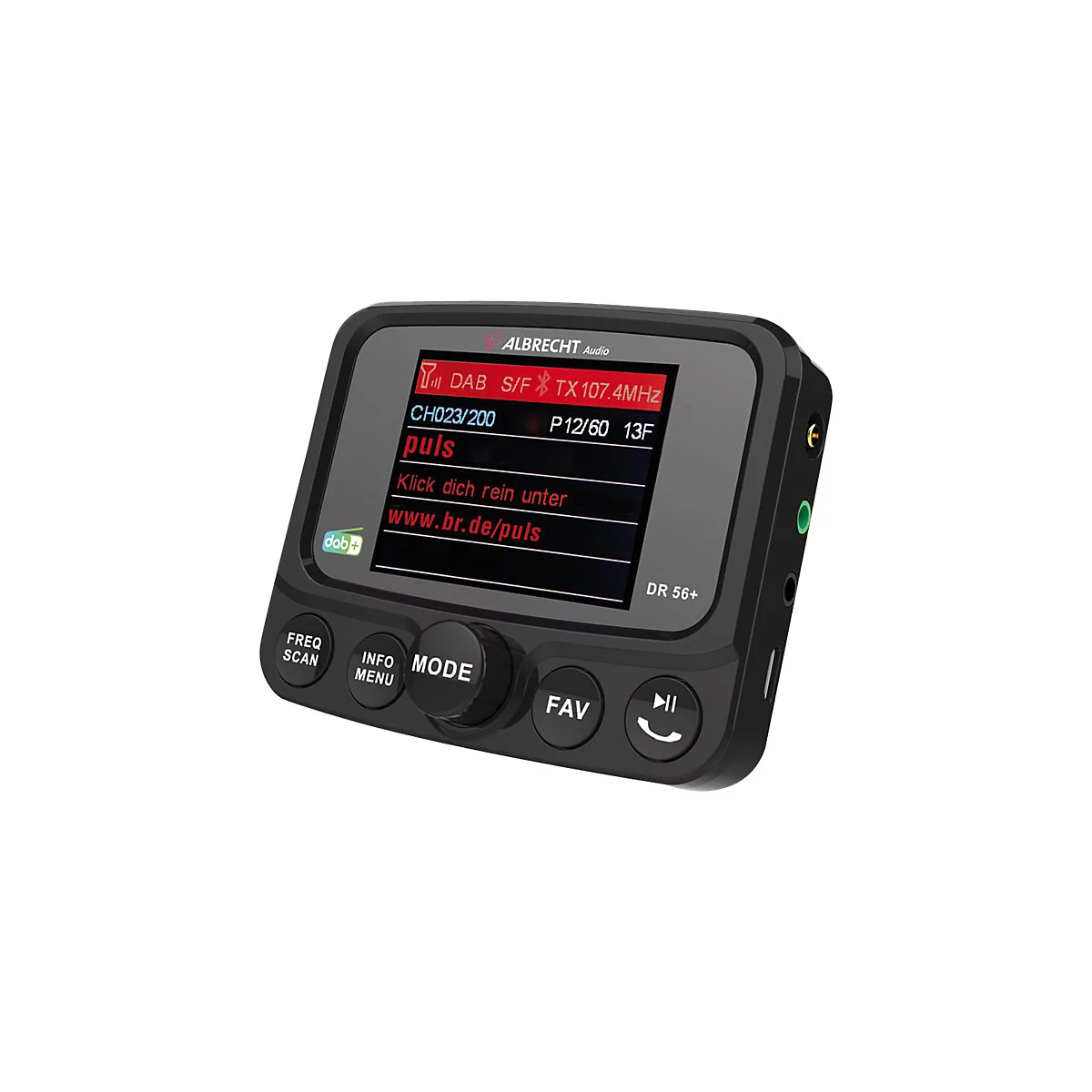 Ein schwarzes DAB+ Radio. Auf dem Display werden Informationen wie Frequenz und Sender angezeigt. Knöpfe wie Mode und Fav sind sichtbar.