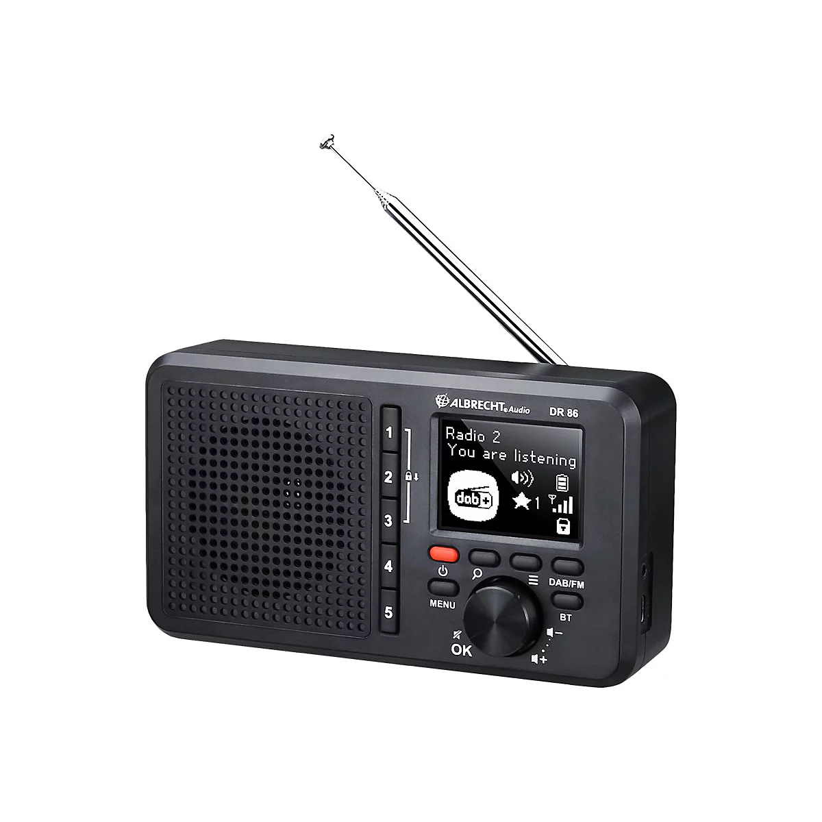 Schwarzes Digitalradio Albrecht DR 86 mit Antenne, Display und Tasten vor weißem Hintergrund.