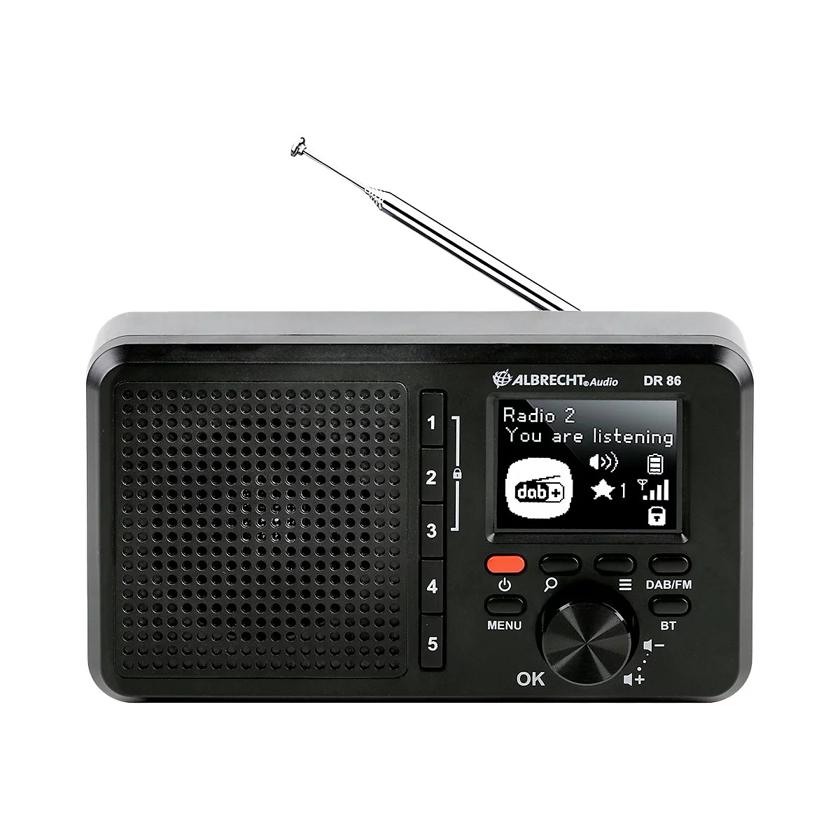 Schwarzes Digitalradio Albrecht DR 86 mit Teleskopantenne und Display vor weißem Hintergrund.