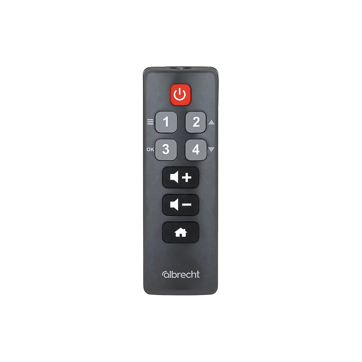 Graue Albrecht Fernbedienung mit An/Aus-Taste, Tasten 1-4, Lautstärkeregelung und Home-Button auf weißem Hintergrund.