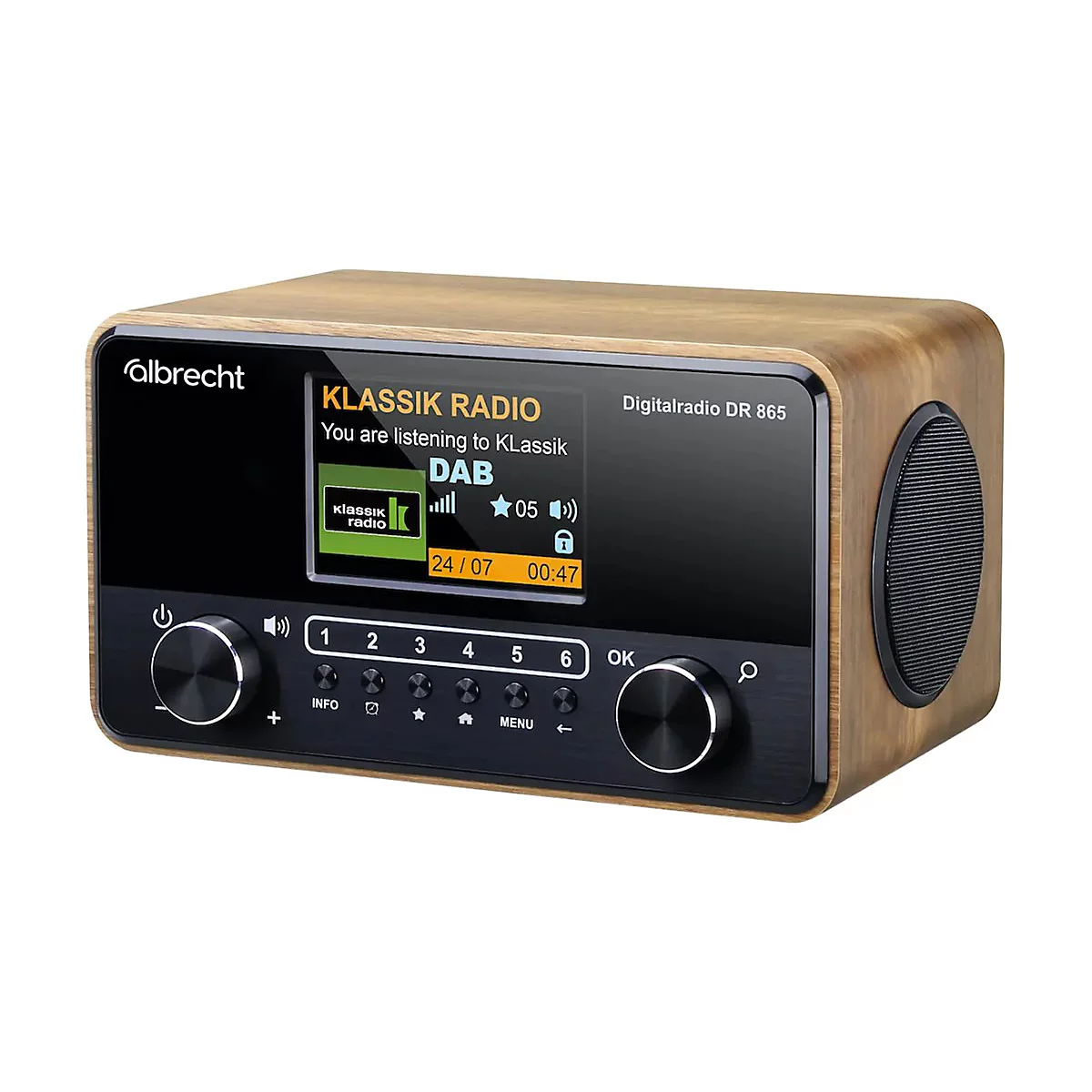 Albrecht Digitalradio DR 865 mit Holzoptik-Gehäuse, Display zeigt Klassik Radio DAB-Empfang.