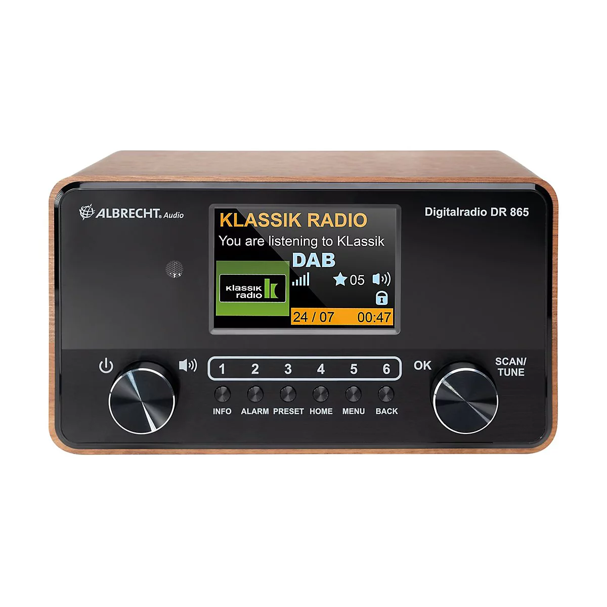 Albrecht Audio Digitalradio DR 865 in Holzoptik mit Farbdisplay und Tasten für Senderspeicher und Menüfunktionen.