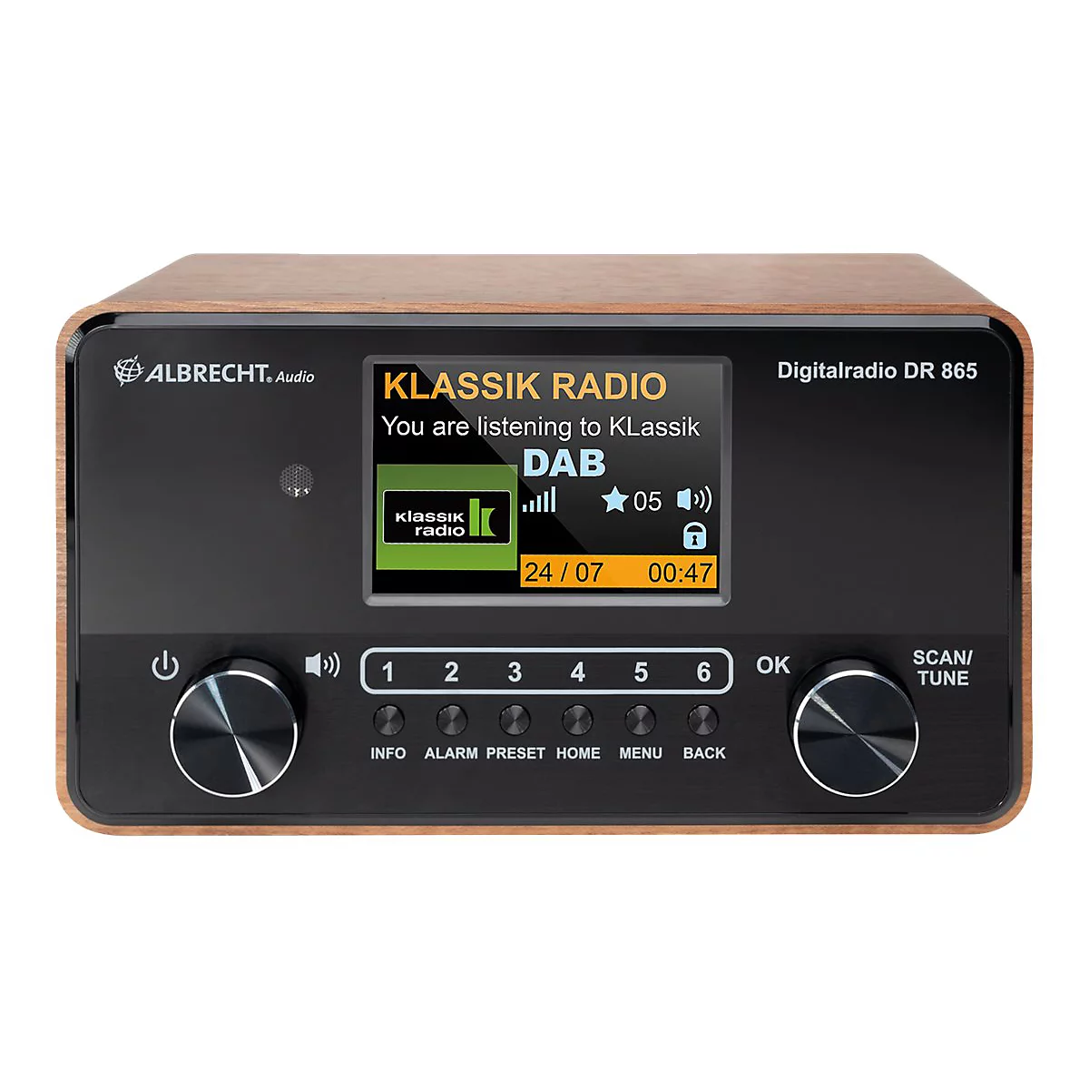 Digitalradio Albrecht DR 865 mit Holzgehäuse, schwarzer Front und beleuchtetem Display.