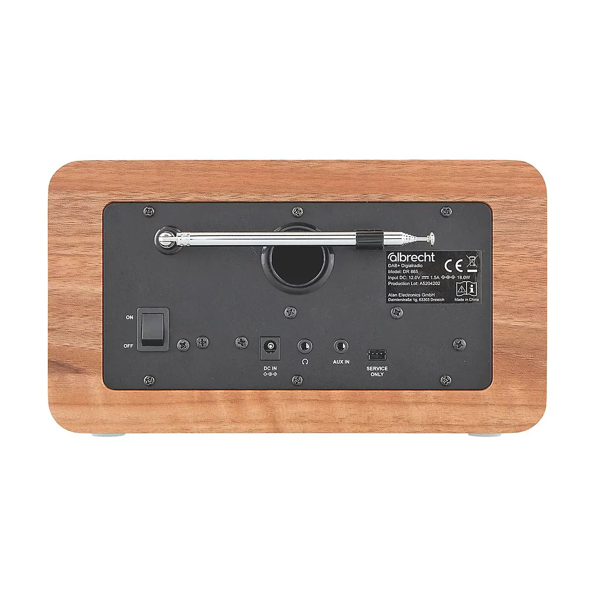 Rückseite eines Albrecht Digitalradios mit Holzgehäuse, Antenne und diversen Anschlüssen.