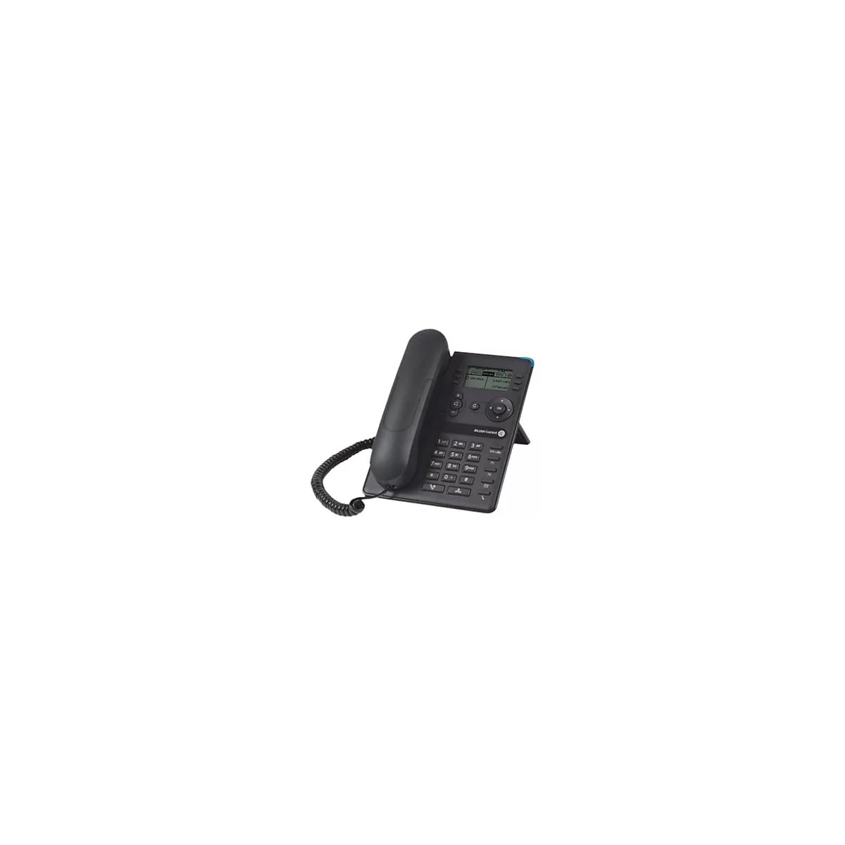 Schwarzes Alcatel-Lucent IP-Telefon mit Hörer, Display und Tastatur auf weißem Hintergrund.