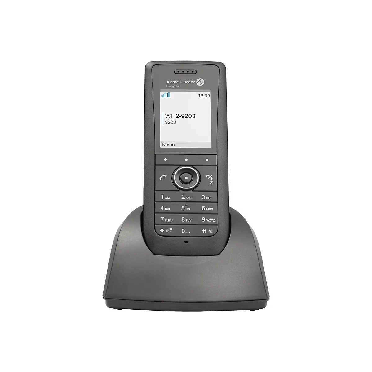 Schwarzes Alcatel-Lucent DECT-Telefon in der Ladestation mit beleuchtetem Display und Ziffernblock.