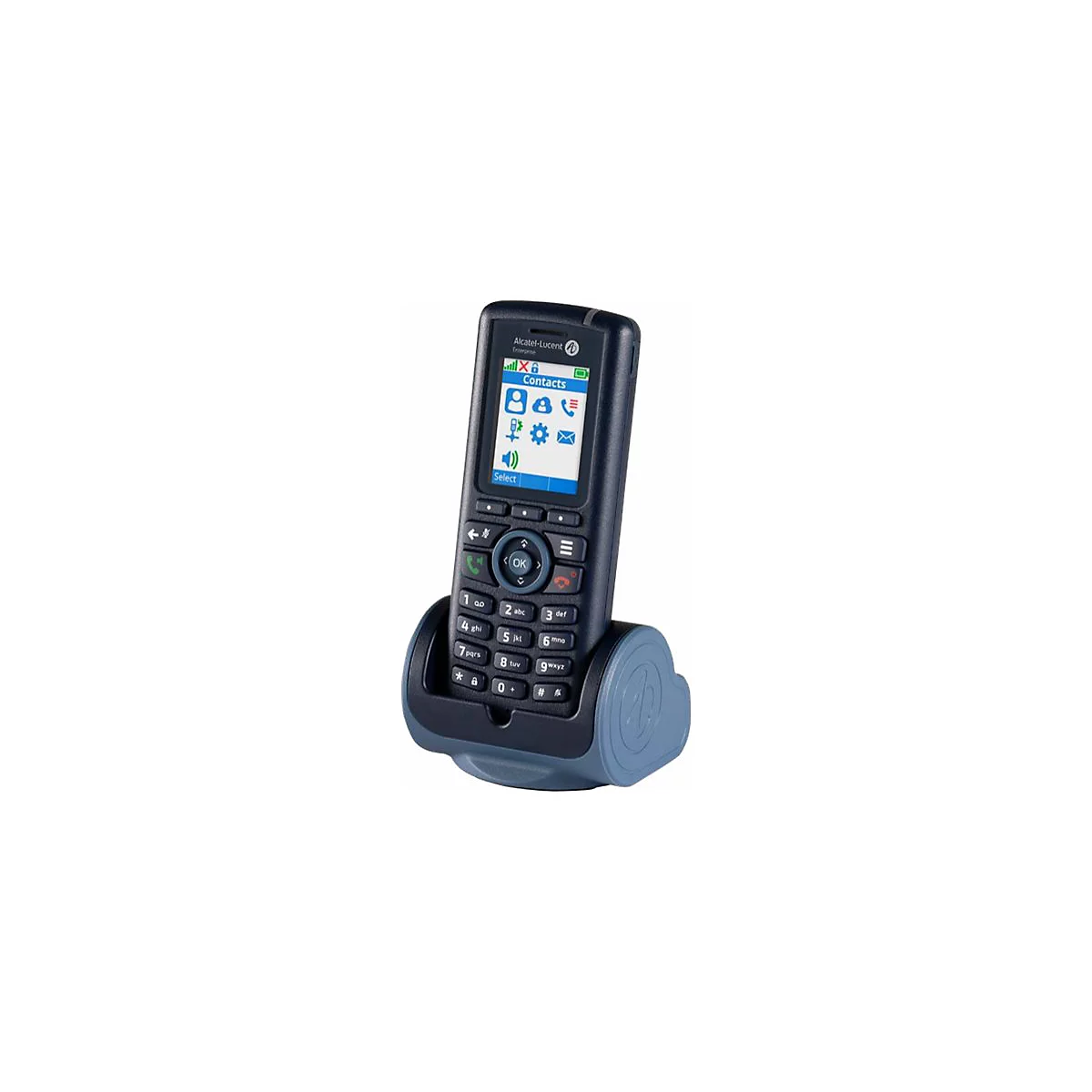Dunkelblaues Alcatel-Lucent DECT-Telefon in passender Ladestation auf weißem Hintergrund.