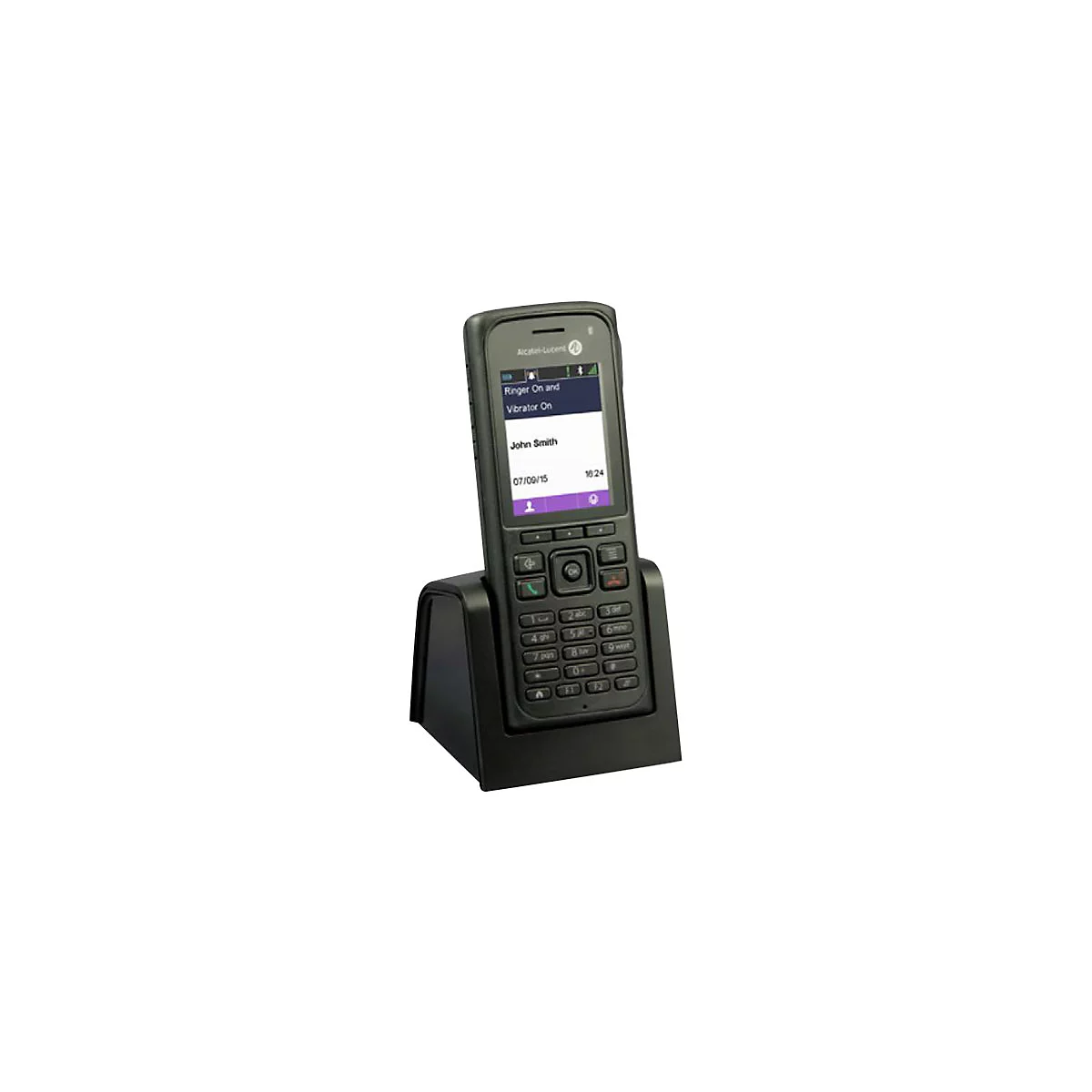 Schwarzes Alcatel-Lucent DECT-Telefon in der Ladestation mit beleuchtetem Display.