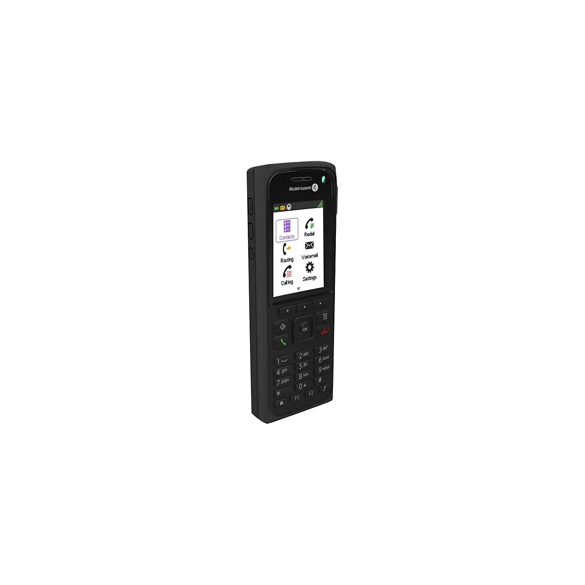 Schwarzes Alcatel-Lucent DECT-Mobilteil mit Menüanzeige auf dem Display vor weißem Hintergrund.