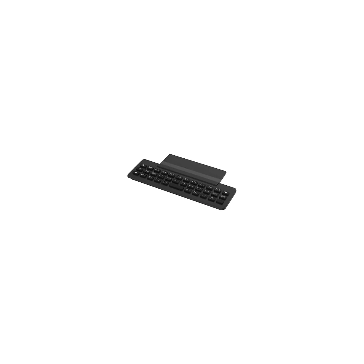 Schwarze, flache Tastatur mit QWERTY-Layout auf hellem Hintergrund.