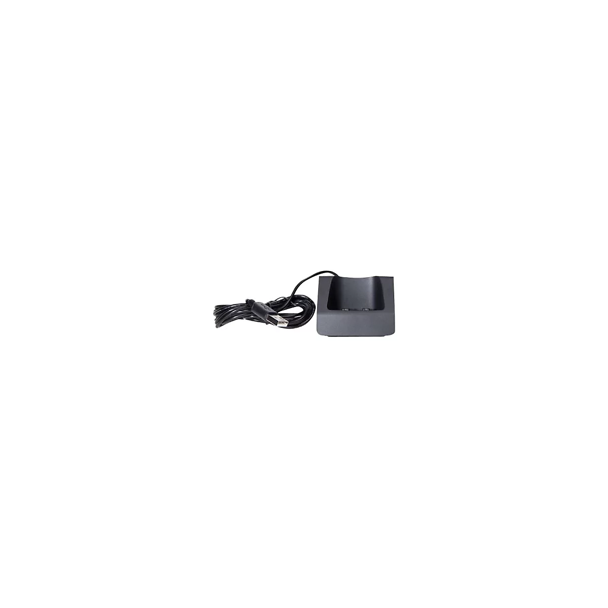 Schwarze Ladestation mit USB-Kabel vor weißem Hintergrund.