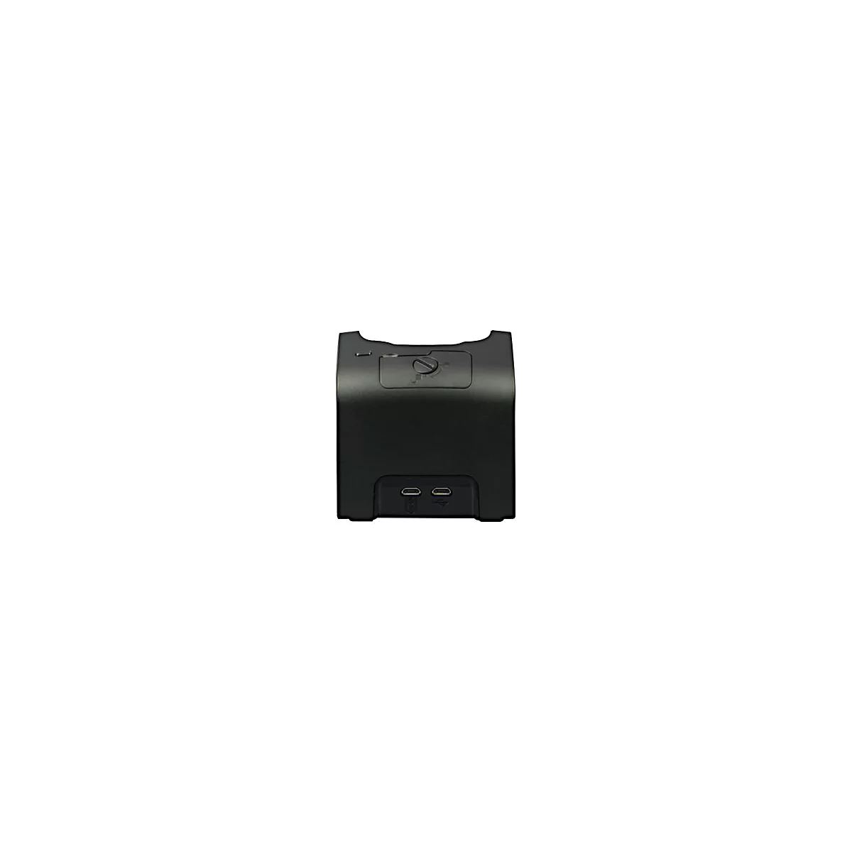 Schwarze Ladestation für ein Gerät mit zwei USB-C Anschlüssen an der Vorderseite.