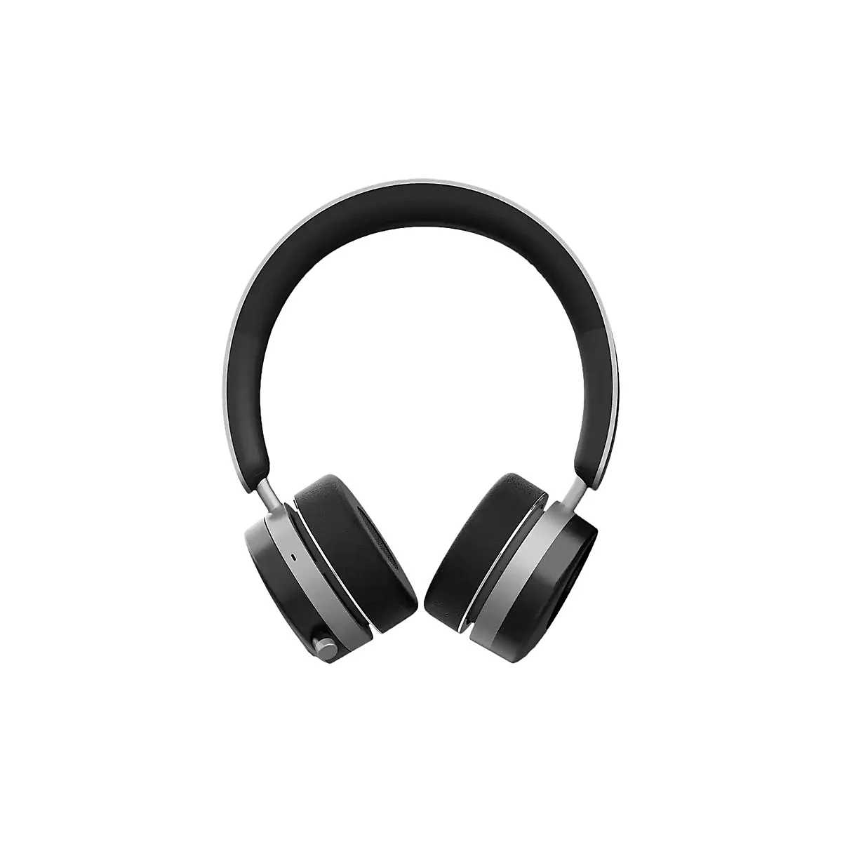 Schwarze, moderne Over-Ear-Kopfhörer mit silbernen Akzenten vor weißem Hintergrund.