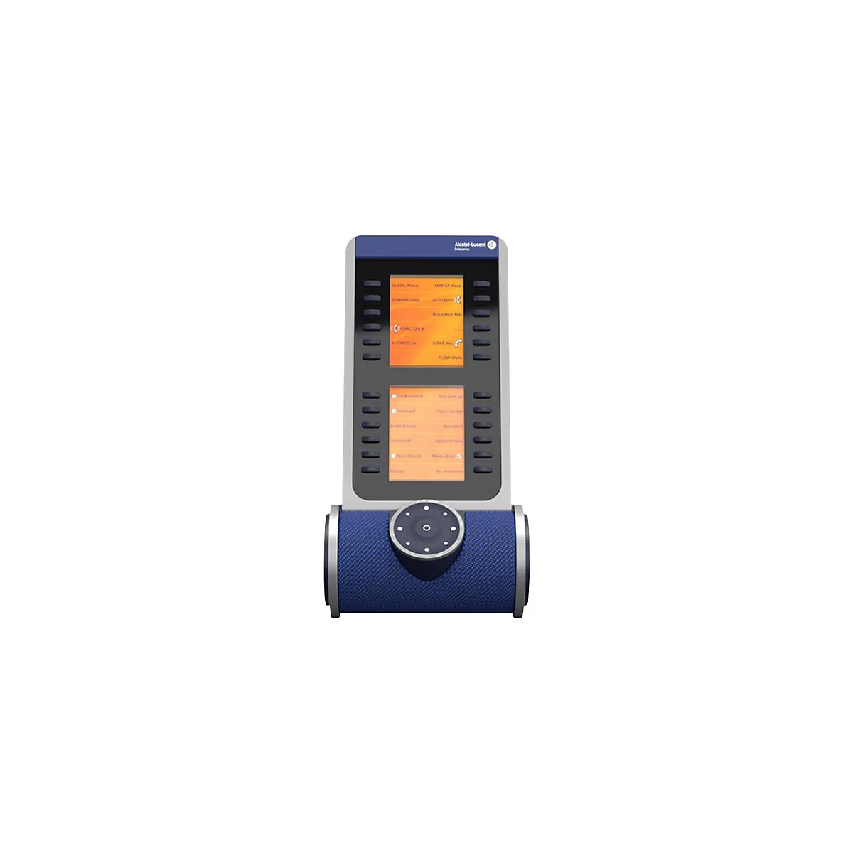 Alcatel-Lucent Konferenztelefon mit vertikalem Touchscreen, orangefarbenen Menüelementen und blauem Lautsprecher.